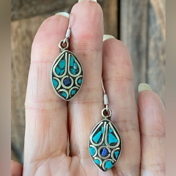 Handmade Jewelry - Unique Handmade Tibetan Silver Turquoise Lapis Lazuli Oval Earrings